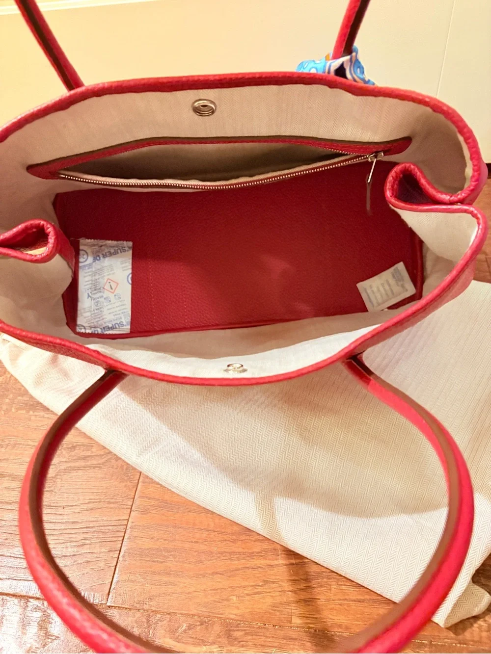 Hermes Red Leather Tote with Blue Patterned Twilly